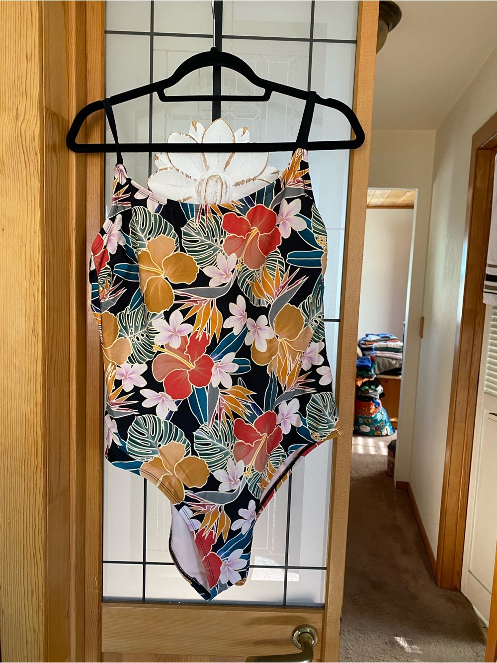 Hurley Black Floral One-Piece Swimsuit with Red, Yellow, Pink and Green Accents